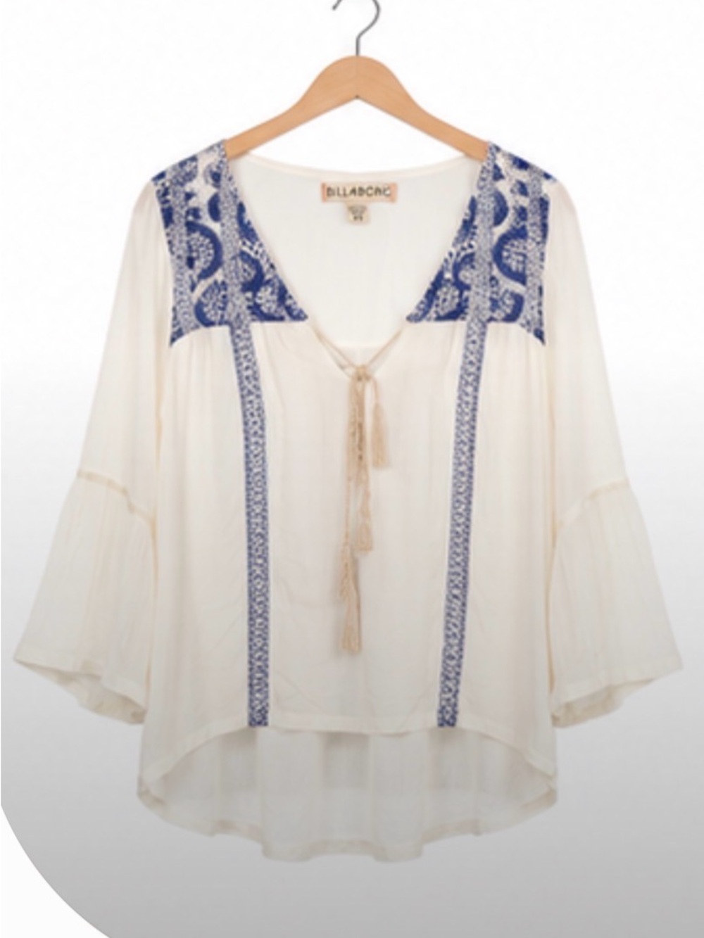 Billabong Ivory Sheer Boho Peasant Top with Blue Embroidery